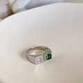 Adjustable silver ring featuring a pink star gemstone and green round emerald stone - Adjustable Open / Pink Star and Green Round Style (J2250)