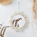 Bohemian macrame wall mirror with beige cotton fringe and wooden beads for home decor - 25cm Wood Bead Mirror
