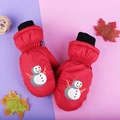 Waterproof red winter mittens for kids featuring a cute snowman print and warm cuffs - One Size / Red Snowman / 6-10 Years