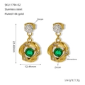 18k gold plated stainless steel flower earrings with green zircon and rhinestones - Geometric Double Frame Style (ZE1794G-02)
