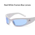 Wraparound sporty sunglasses in solid white frame with light blue lenses and silver moon - White Frame Blue Lens