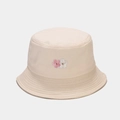 Detailed close-up of cherry blossom embroidery on a beige cotton bucket hat for women - M (56-58cm) / Beige
