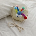 Mini straw crossbody bag for girls with colorful pom-pom caterpillar face decoration - Milk White