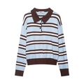 Maglione polo in maglia a maniche lunghe a righe azzurre, marroni e bianche da uomo - S / Righe Blu/Bianco/Caffè