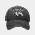 Detail of vintage washed denim baseball cap with white 'Call Me Papa' print text - Adjustable / Black