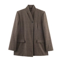 Blazer femme en tweed à chevrons marron foncé avec bouton unique et poches à rabat - XS / Marron