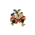 Festive Christmas bell brooch with gold finish, green rhinestones and a white bow detail - Blue Green Stone Gold Bells