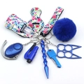 Blue personal safety keychain set with floral sanitizer holder and fluffy pompom - Blue Floral