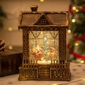 Vintage bronze Christmas lantern with Santa snow globe and swirling glitter decor - Vintage House Reindeer Sleigh