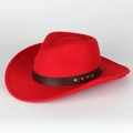 Detail of red wool felt cowboy hat with brown leather band and gold metal rivets - Adjustable / Red