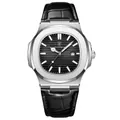 Business quartz watch with silver octagonal case, black textured dial and leather strap - Silver Case Black Dial Leather Strap