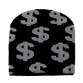 Close-up of black knitted beanie with grey dollar sign pattern and soft ribbed texture - M (56-58cm) / Black and Gray