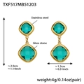Golden stainless steel geometric square green glass stone earrings with dimension specs - Light Green Glass Stone Gold Earrings