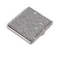 Macro side view of luxury slim stainless steel cigarette case with sparkling rhinestones - AB Color