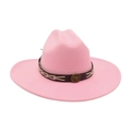 Pink wide brim felt cowboy hat featuring a leather strap and vintage steer head badge - Pink