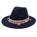 Detailed shot of ethnic navy felt fedora with pink tassels, shells and woven band - Navy Blue