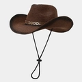 Détail d'un chapeau de cowboy marron foncé avec décorations métalliques et cordon de serrage - Café