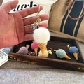 Detailed view of plush ice cream keychain with white fur ball and grey tassel accessory - White
