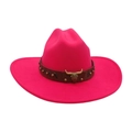 Ethnic rose red felt cowboy hat with brown leather band and gold bull head buckle - Rose Red