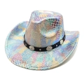 Macro detail of rainbow sequins snake skin texture and metal studs on western cowboy hat - M (56-58cm) / White