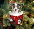 Weihnachtsstrumpf-Anhänger mit süßem Welpen mit Rentiergeweih und Schneeflocken - Bulldogge Typ 3