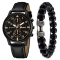 Men's fashion watch set with black dial, leather strap and matte beaded dumbbell bracelet - Black Strap Black Dial Rose Gold Hands + Bracelet