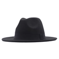 Detailed close-up of a black wide-brim wool felt fedora with a decorative tonal band - M (56-58cm) / Black