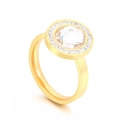 18K gold-plated double-layer ring featuring a central round-cut crystal and micro-pave diamonds - Gold Band Round White Faceted Stone Style (KR107830-K)