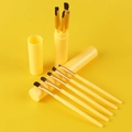 Yellow makeup brush set with 7 pieces and portable storage cylinders in a minimalist style - 5-Piece Set With Tube / Yellow