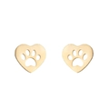 Macro detail of gold heart-shaped stud earrings with hollow pet paw print design - Gold