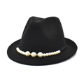 Classic black wool fedora hat with elegant pearl band and gold rhinestone accents - M (56-58cm) / Black