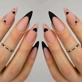 French tip almond press-on nails with black heart patterns and gold line accents - Black French Heart Style (AW103)