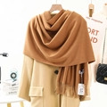 Brown cashmere scarf with fringe details styled on a hanger with a khaki coat - Thickened 300g Tassel Shawl / 200x70cm / Dark Camel
