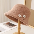Chapeau bob en laine d'agneau marron avec de mignons oursons 3D blancs pour femmes - M (56-58cm) / 5080 Kaki avec Boutons d'Ours