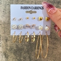 9-pair gold earring set featuring heart studs, pearls, rhinestones and hoop styles - 9 Pairs Gold Heart Rhinestone Set (EJ58051)