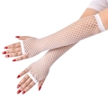 White long fishnet fingerless gloves for women, sheer mesh party sleeves reaching upper arm - One Size / White