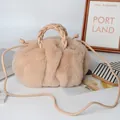 Faux fur beige cloud handbag with braided PU handle and long crossbody strap - Champagne Beige