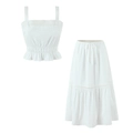 Weißes französisches Spitzen-Set mit bauchfreiem Camisole-Top und passendem langen Rock - S / Weiß