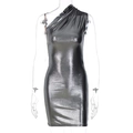 Close-up of silver metallic off-shoulder slim-fit mini dress with glossy elastic fabric - S / Dark Gray