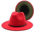Zweifarbiger Wollfilzhut in Rot und Dunkelgrün mit schwarzem Band und Metallschnalle - M (56-58cm) / Rot und Armeegrün