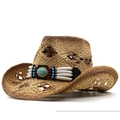 Cappello di paglia cowboy con perline etniche turchesi e trama intrecciata marrone - Cachi Caffè