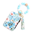 Blue floral PU leather card holder with silicone bead wristlet and matching tassel - Light Blue