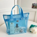 Blue mesh travel cosmetic bag with eye pattern handle and large capacity design - Handbag Style / Blue