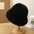 Elegant black faux fur bucket hat with a soft plush texture for autumn and winter warmth - Black