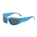 Futuristic streamlined sports sunglasses with metallic bright blue aerodynamic wrap frames - Blue Frame Grey Lens
