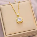 Elegant 18K gold plated titanium necklace with square zircon pendant and halo crystals - 6067 Rectangle Drop Zircon / Gold White Zircon