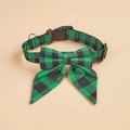Detail of green buffalo plaid dog collar with removable bowtie and silver metal D-ring - Green & Black Plaid
