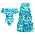 Off-shoulder ruffle tropical leaf print swimsuit with matching tiered maxi skirt set - S / Set