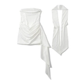 Abito corto a fascia in raso bianco con design arricciato e nastro abbinato per il collo - S / Bianco
