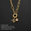 Gold-plated paperclip chain necklace with pink square gem and letter M pendant - Letter M (XNL0097)